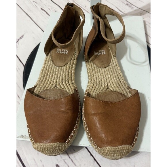 Eileen Fisher Womens Lala Espadrille Flat Size 7 Brown Leather Ankle Strap - Picture 3 of 10